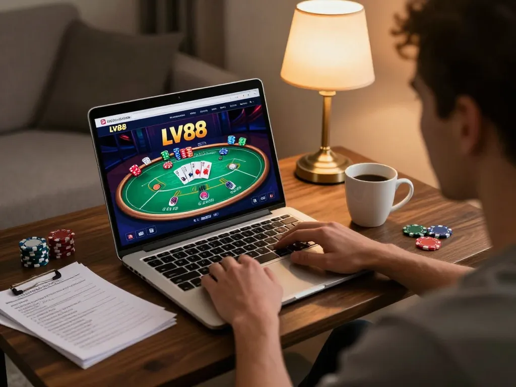 Player enjoying an online poker game at LV88, showcasing engaging gameplay in a cozy home environment.