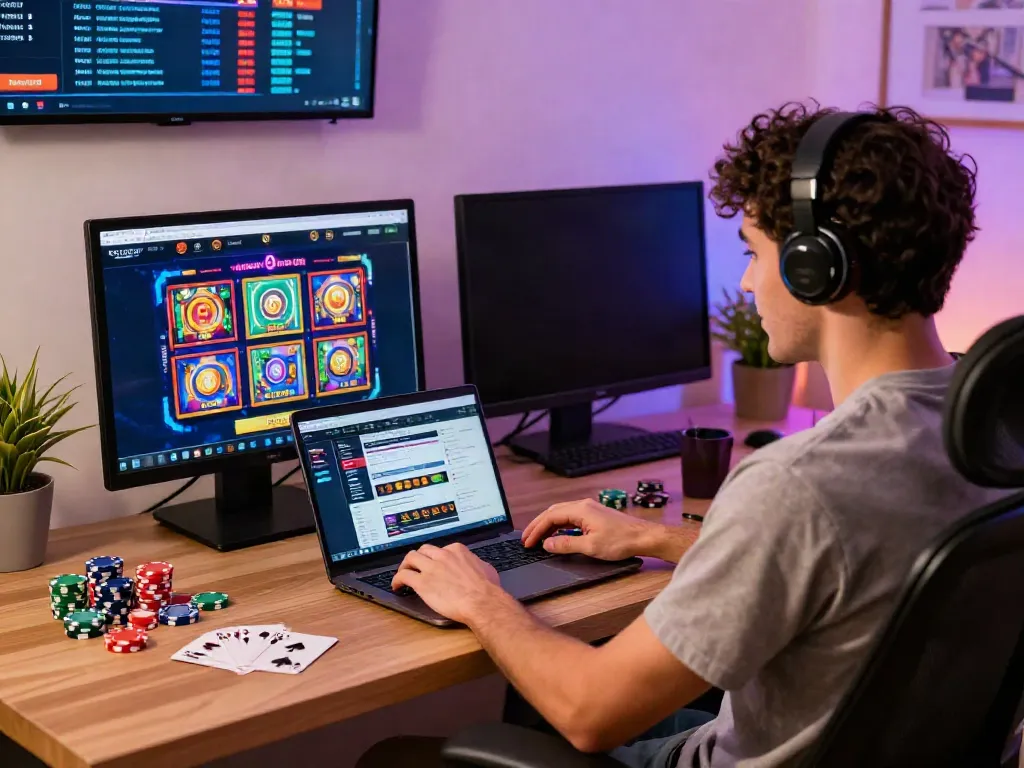 Engaged player exploring a non Gamstop casino on a vibrant laptop.