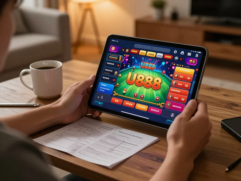 Person enjoying U888 online games on a tablet in a cozy living room, reflecting responsible gambling.