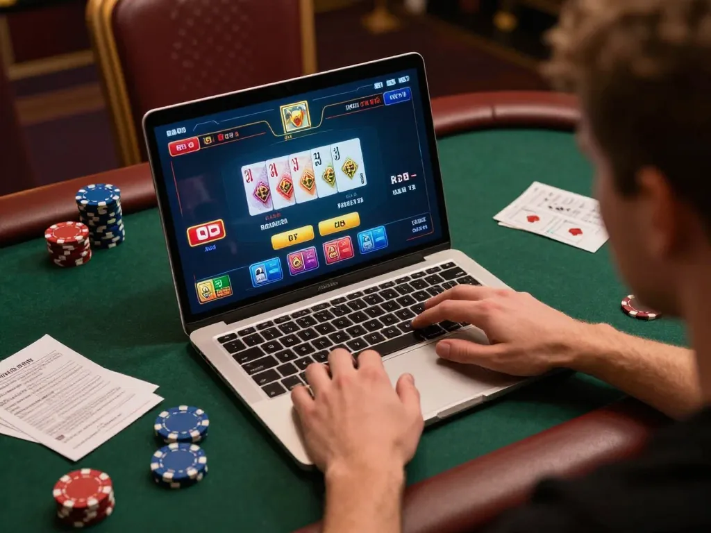 Engaging online poker gameplay at home, showcasing strategies with go99 on laptop