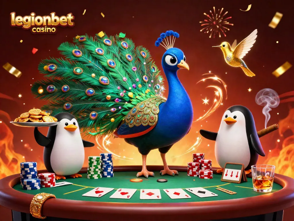 Experience the thrill at LegionBet Casino with a vibrant 3D poker scene featuring an aristocratic peacock and golden chips.