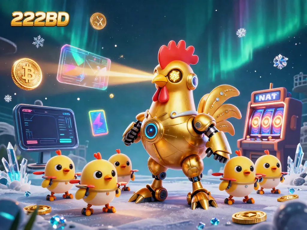 Experience epic gameplay with 222BD as the golden rooster robot unleashes laser power amidst crypto coins.