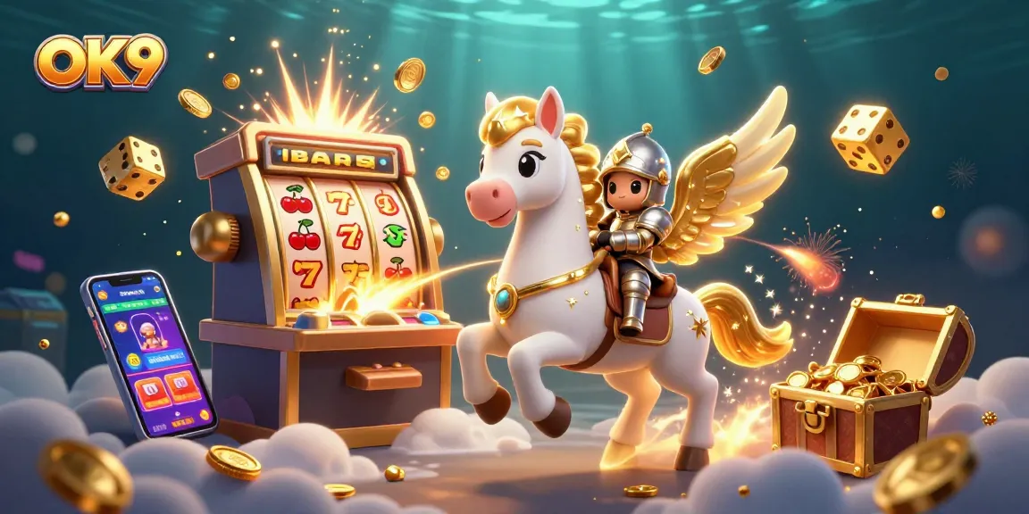 OK9 showcases vibrant casino action with a magical horse, knight, and jackpot-filled slots.