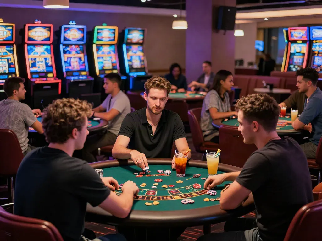 Diverse group of friends enjoying a vibrant non GamStop casino gaming atmosphere with lively tables and slot machines.