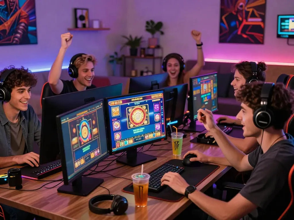 Friends celebrating wins at a non gamstop casino in a modern gaming setup.