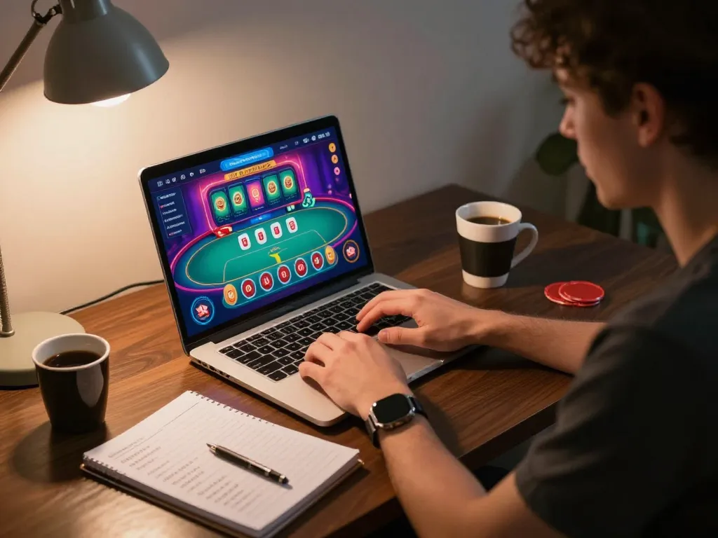 Person analyzing poker hands during a BL555 online gaming session at a modern desk