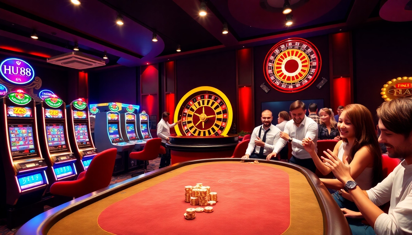 Engaging gamblers using the HU88 app at a luxurious casino table filled with action and excitement.