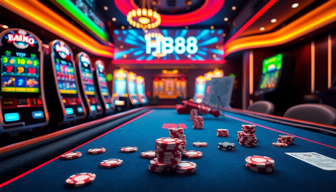 Experience thrilling gaming action at HB88 casino with sleek tables and vibrant slot machines.