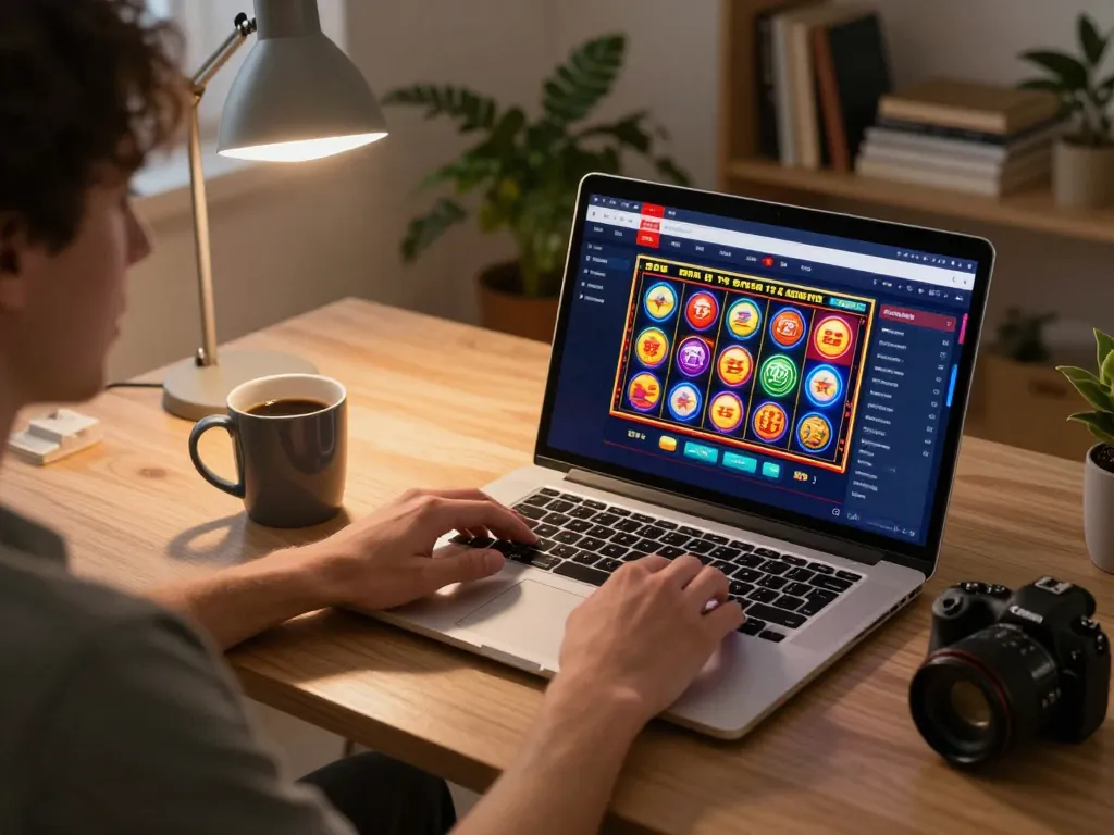 Player engaging on TG88 online casino platform, enjoying dynamic slots in a warm home setup