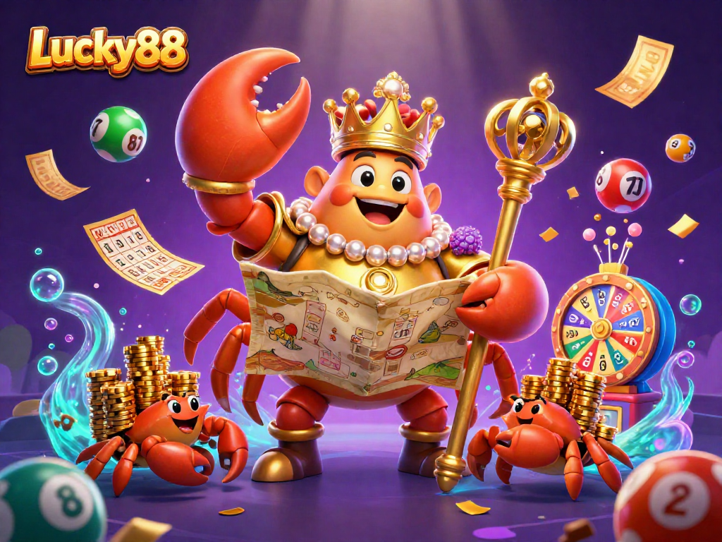 Engage with Lucky88 in this vibrant casino space featuring animated gold characters, lottery balls, and exciting gaming elements.