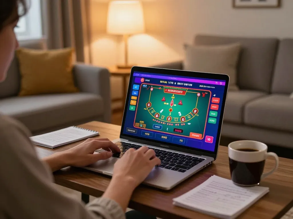 Player engages in online blackjack strategy at home with vu88 interface visible, showcasing a cozy gaming setup.