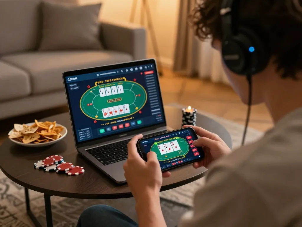 Cucu777 player engaging with a mobile casino game interface in a cozy living room setup.