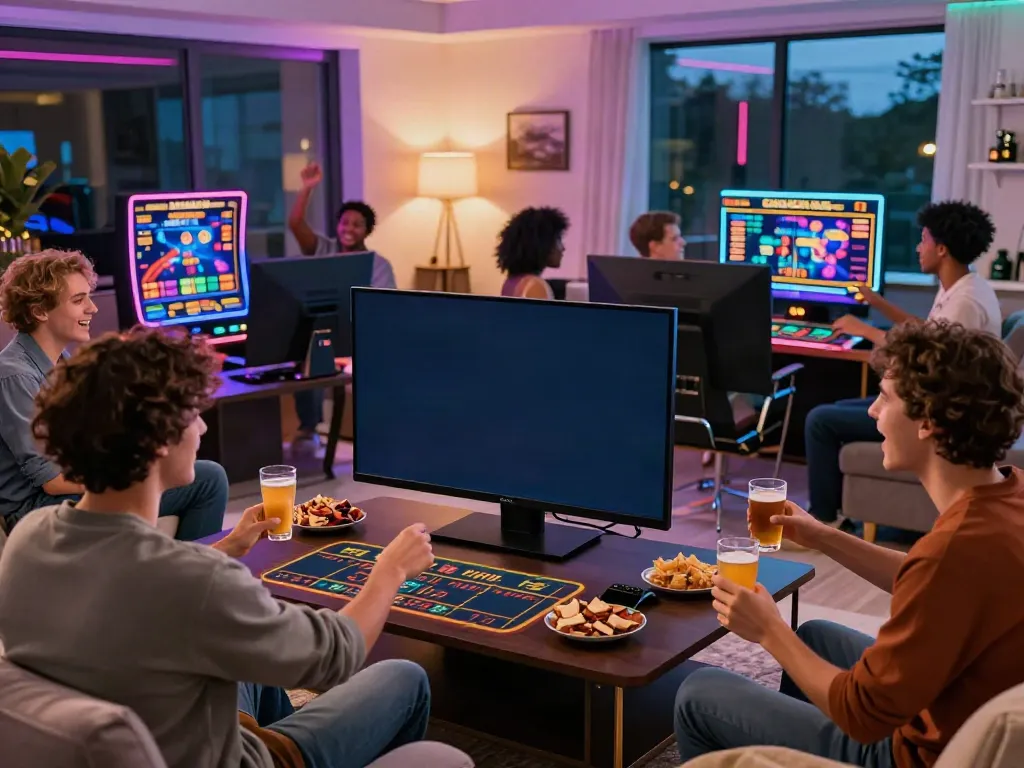 Friends enjoying a lively gaming night at a non Gamstop casino setup with vibrant visuals and refreshments.