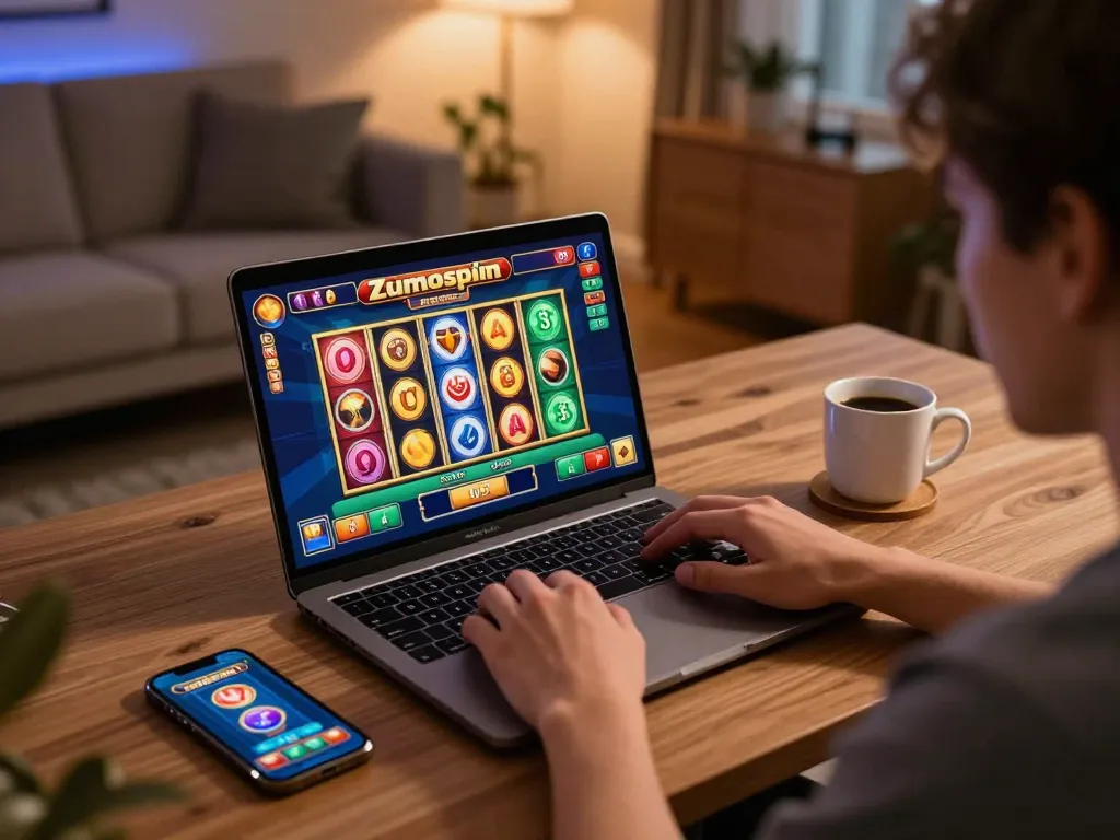 Player engaging with Zumospin avis on laptop, showcasing vibrant online casino atmosphere and gaming features.