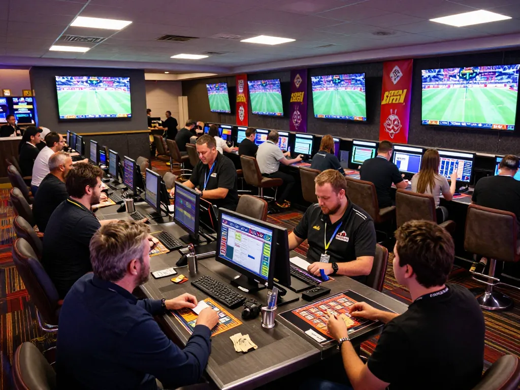SBOBET patrons placing bets and engaging with live sports in a vibrant casino sportsbook.