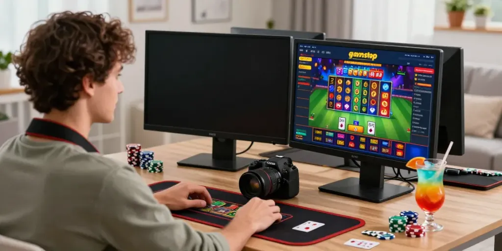 Player enjoying a thrilling experience at a non gamstop casino on their laptop in a cozy setting.