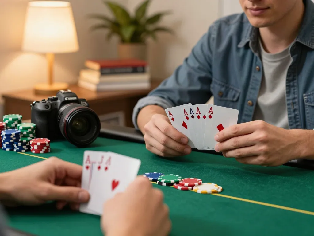 Engaging poker gameplay on fabet tablet in a cozy home setting with vibrant chips.