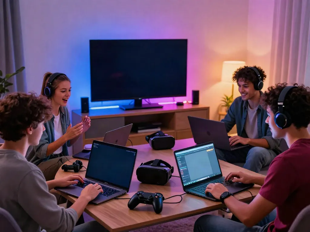 Diverse group enjoying a non gamstop casino game in a vibrant living room.