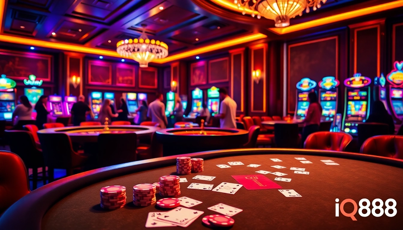 Bet at iq88's high-stakes poker table, experiencing excitement and luxury in a vibrant casino setting.