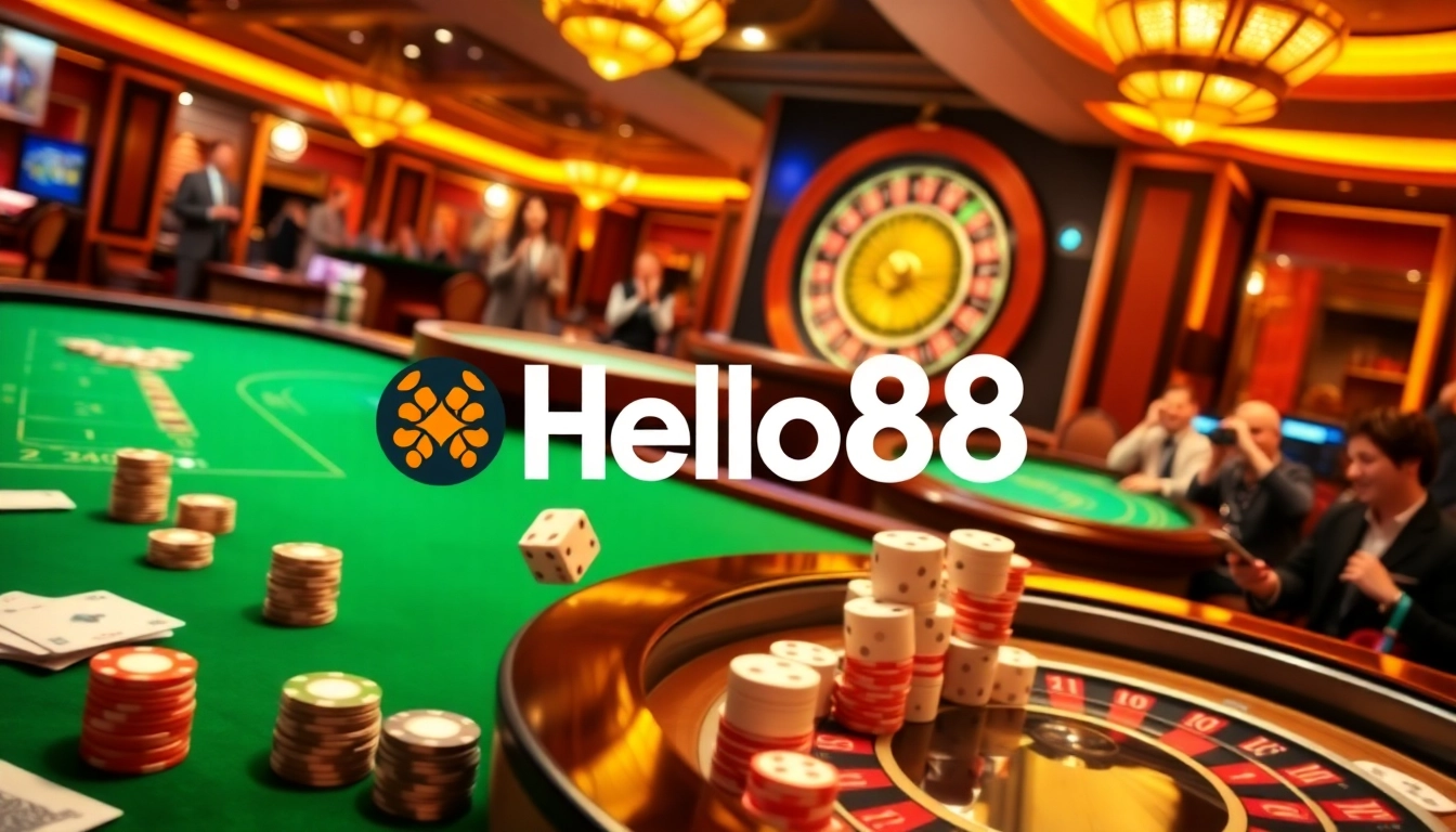 Engaging gambling action at Hello88 casino with vibrant tables, sleek cards, and thrilled players.