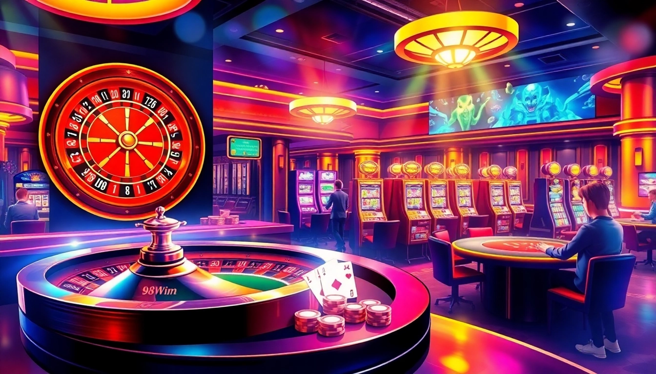 Experience the thrill of winning at 98Win's engaging casino games with poker chips and a roulette wheel.