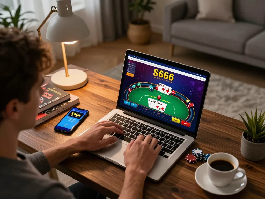 S666 online casino gaming at home with a vibrant poker interface and detailed betting strategies.