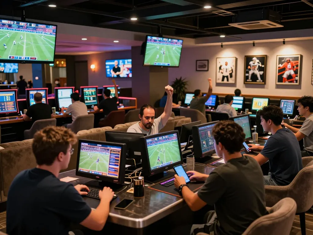 Fabet patrons placing bets in a lively sports betting lounge with multiple screens displaying live events