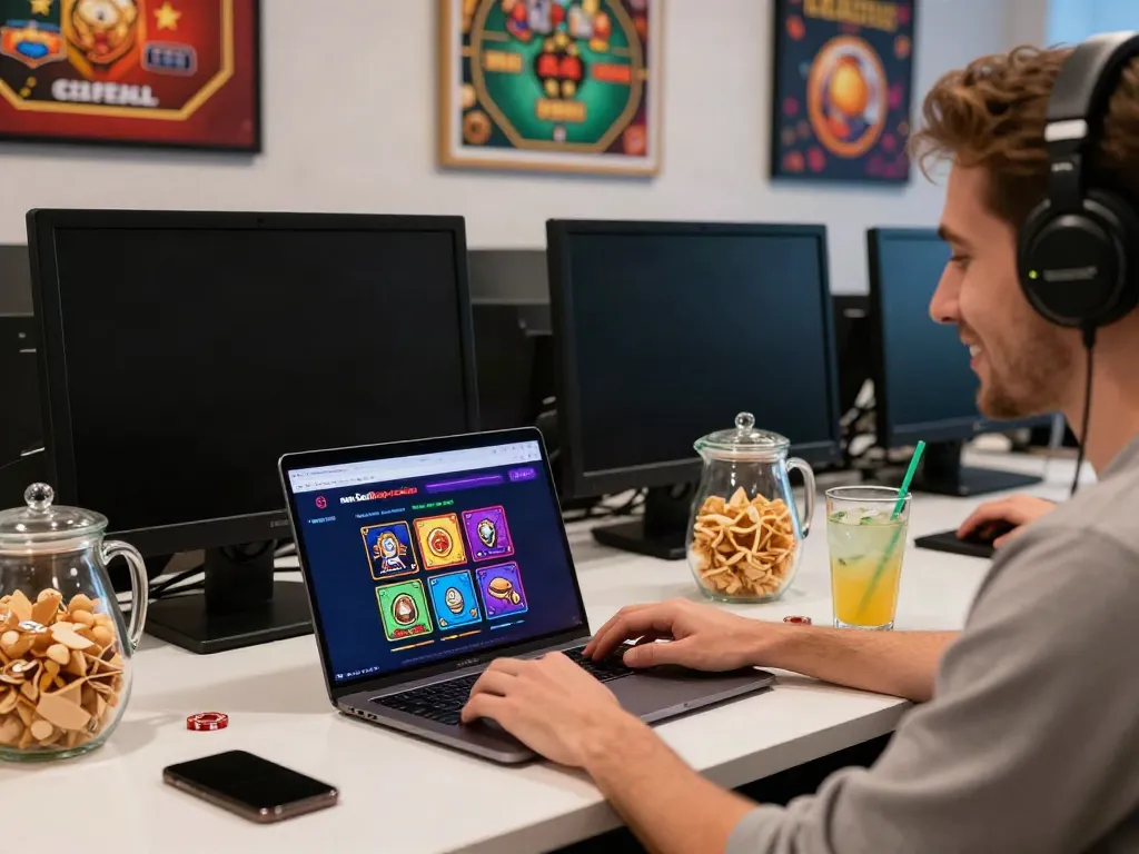 Excited player enjoying a non Gamstop casino experience on a laptop with snacks.