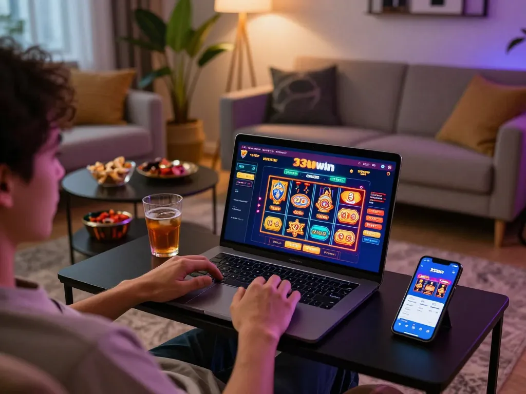 Player engaging with the 33win casino interface on a laptop in a cozy home setting, showcasing online gaming experience.