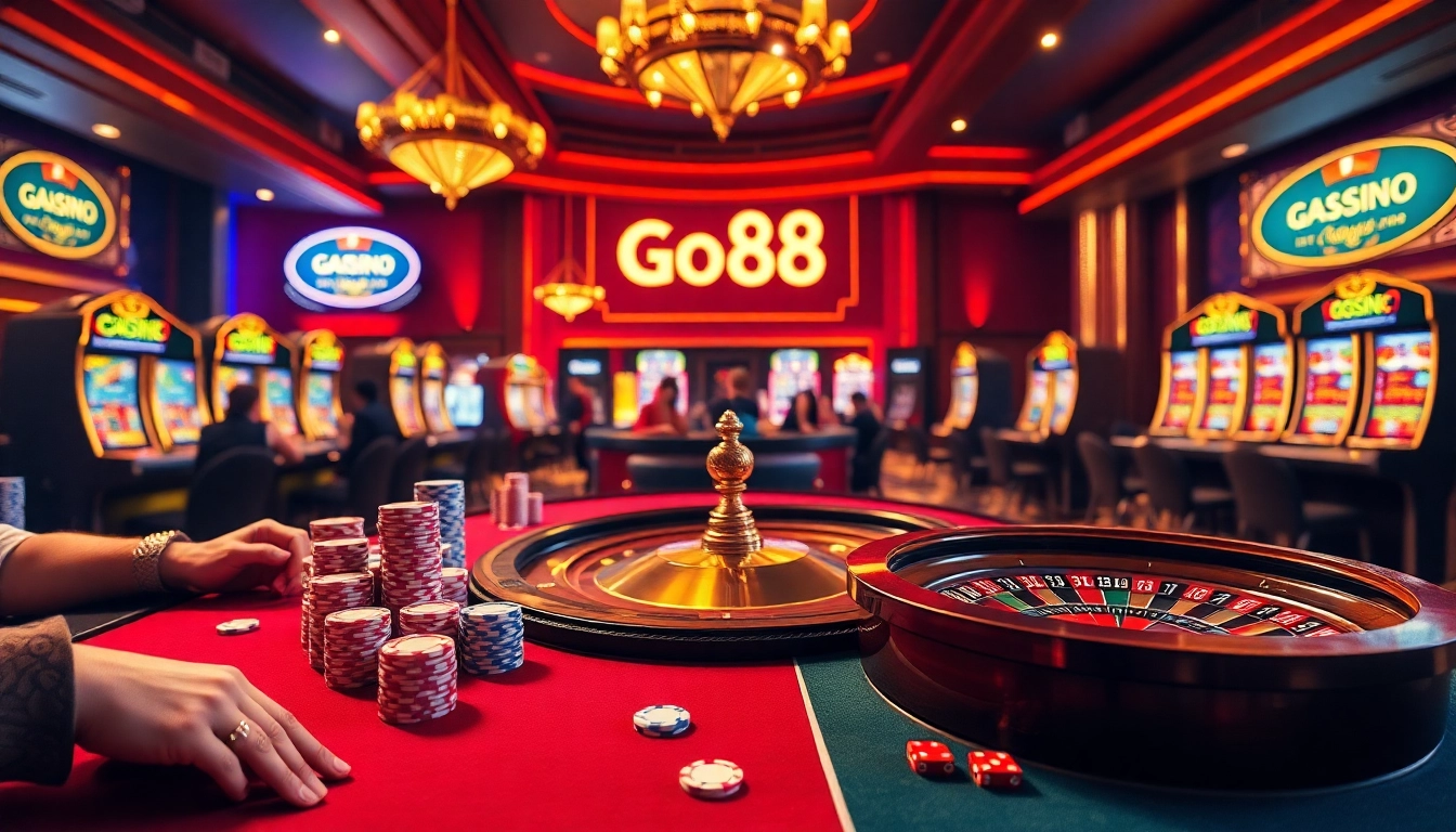 Experience exciting gambling action at go88's luxurious casino with vibrant gaming tables and slot machines.