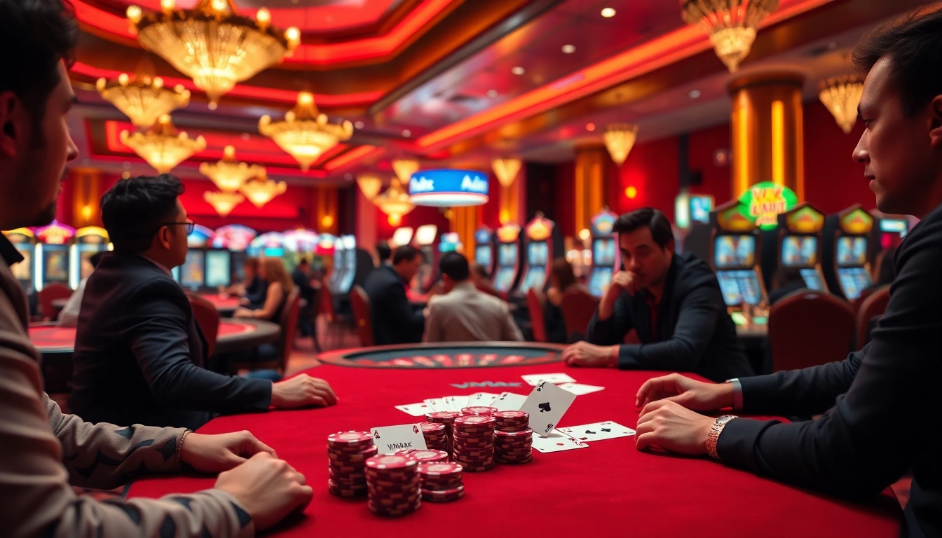 Exciting Vmax-themed gambling scene with poker chips and players at high-stakes casino tables.
