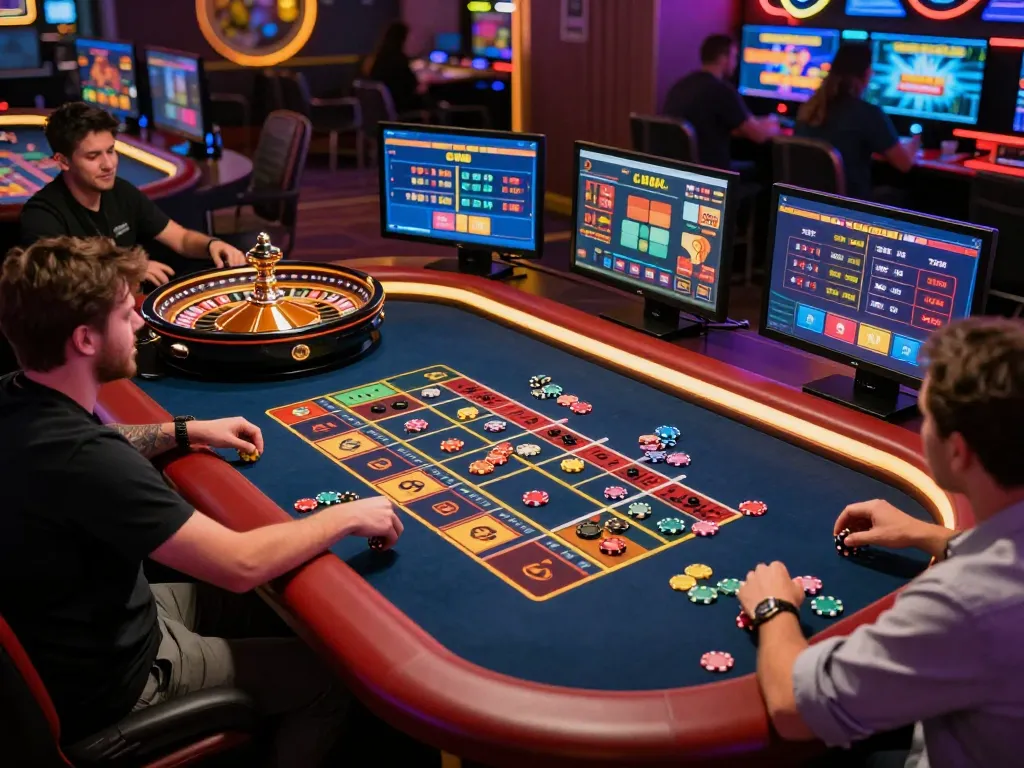 cm88 players thrill at a roulette table, showcasing chips and spinning wheel in an online casino.