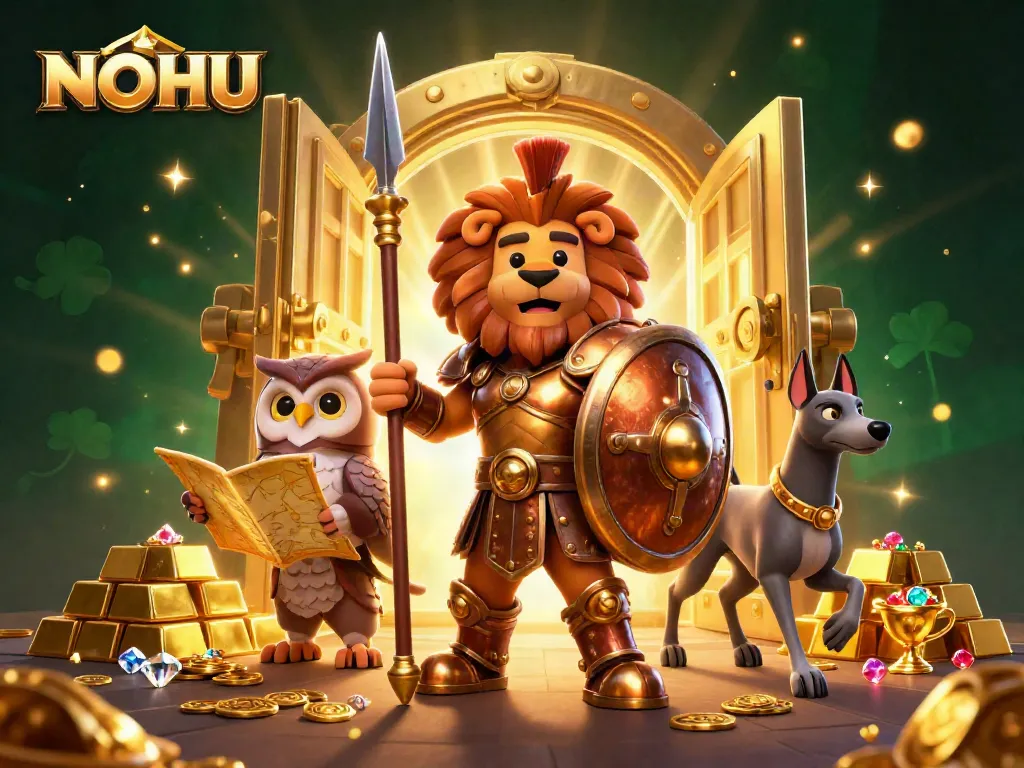 NOHU casino illustration featuring characters amidst treasures and a dynamic gambling atmosphere.