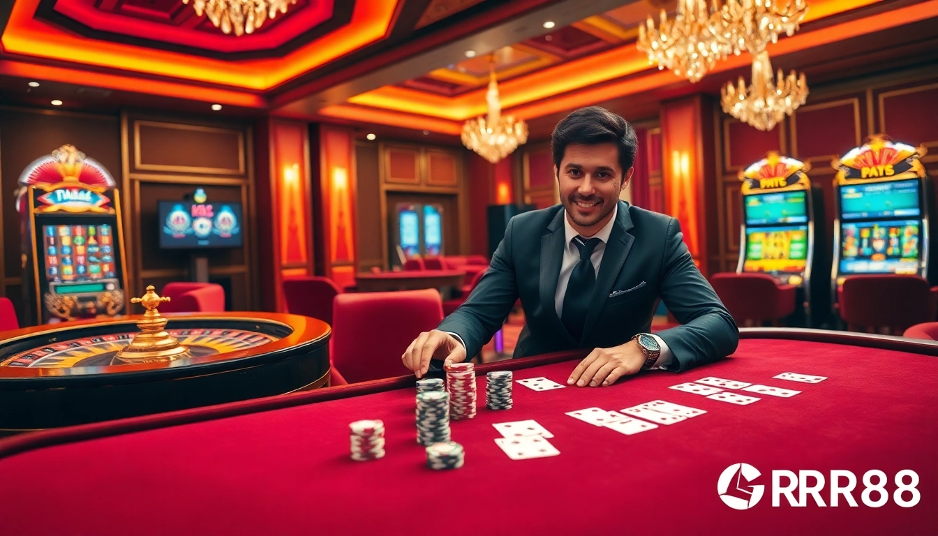 Experience the thrilling atmosphere of KJC RR88 at a luxury casino table, where gamblers enjoy poker and roulette.