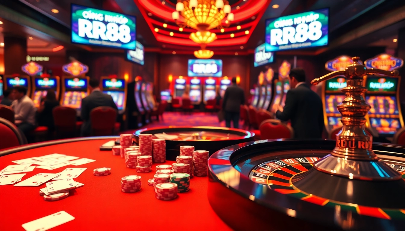 Experience the thrill of ĐĂNG NHẬP RR88 with vibrant casino action, poker chips, and roulette.
