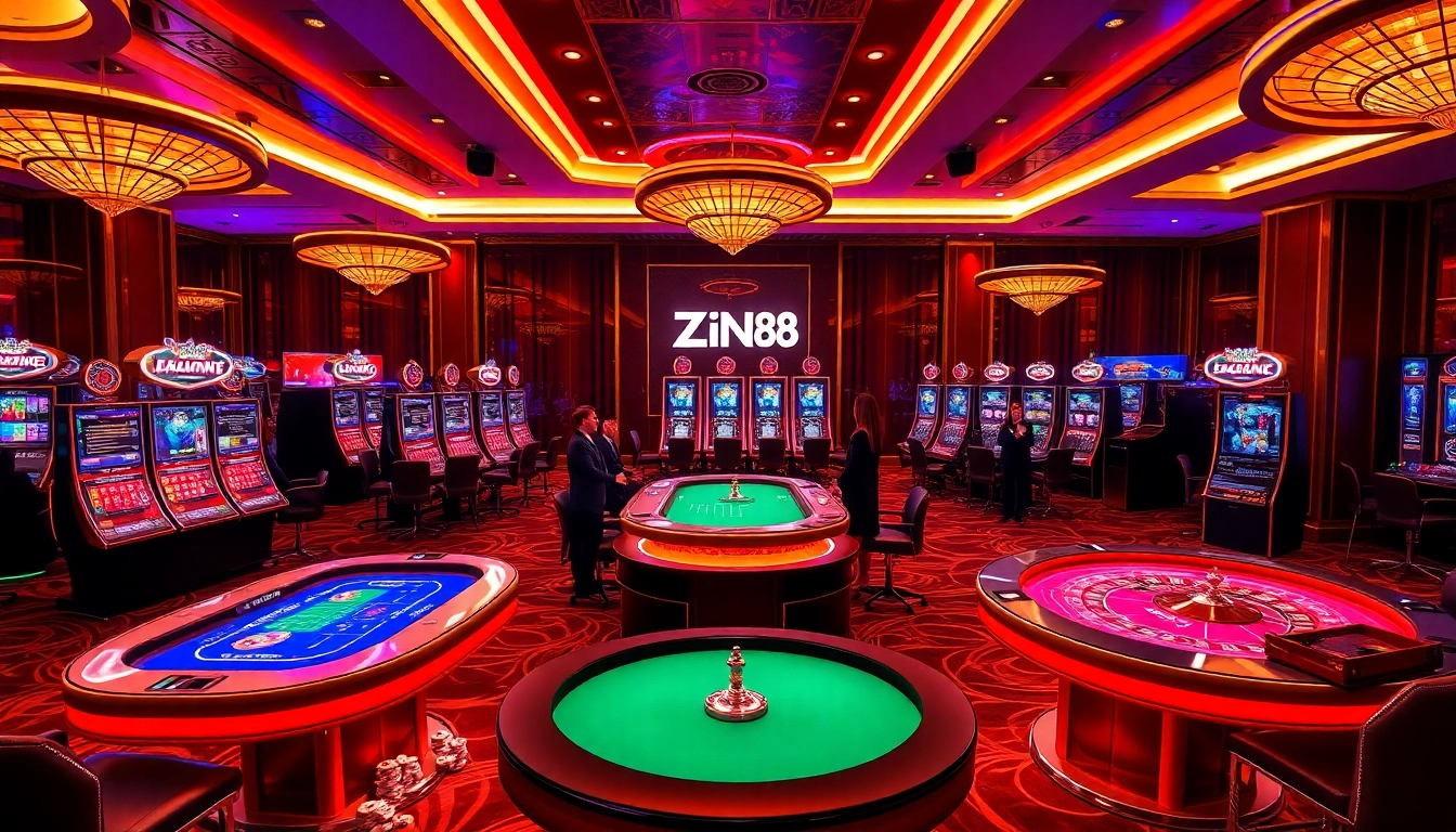 Zing88 online casino experience showcasing vibrant gaming tables and dynamic slot machines.