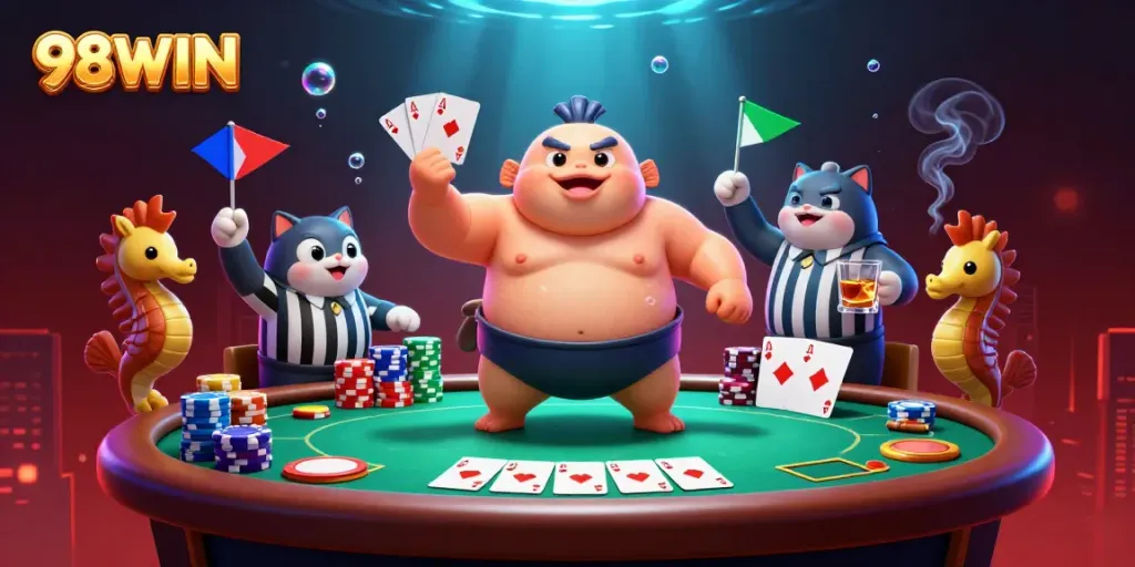 See the fun casino scene with 98WIN's offerings, featuring animated sea creatures and rich gambling details.