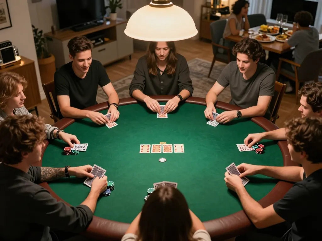 Players enjoy an engaging poker night at home, showcasing luck8l's social gambling atmosphere.