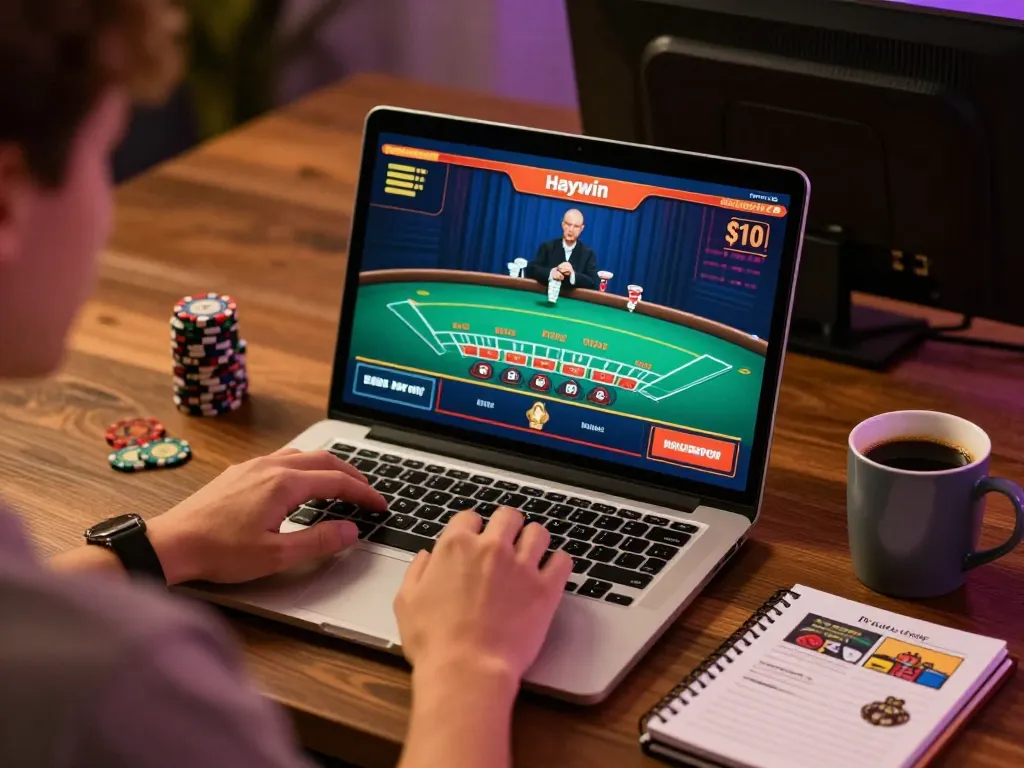 Engaging in Haywin online casino gaming with laptop displaying live dealer blackjack interface