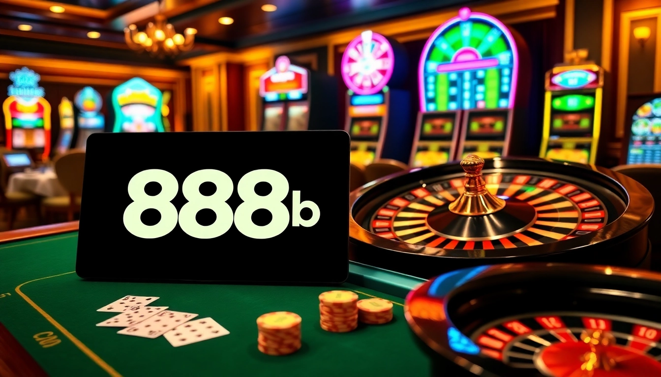 A casino gaming table showcasing 888b logo with poker chips and roulette wheel for an immersive gambling experience.