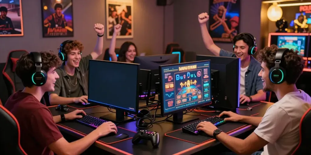 Group of friends enjoying games at a non Gamstop casino setup with vibrant gaming gear.