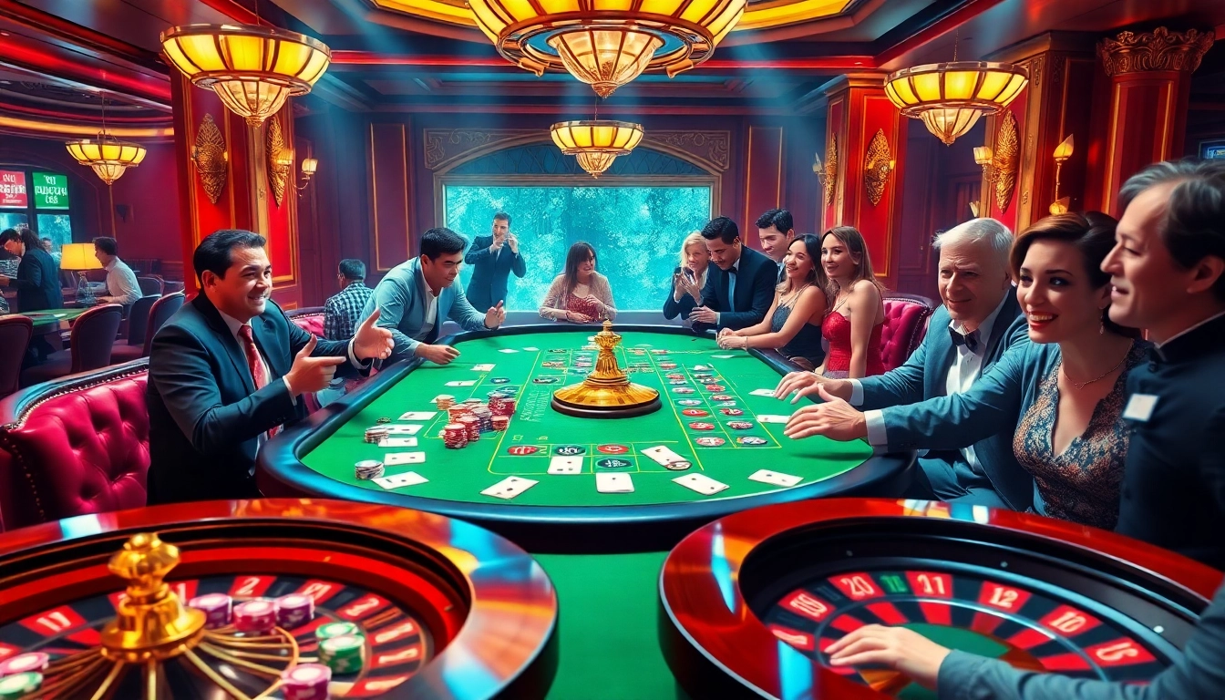 Gamblers celebrating at a vibrant B52 themed casino table filled with colorful poker chips and cards.