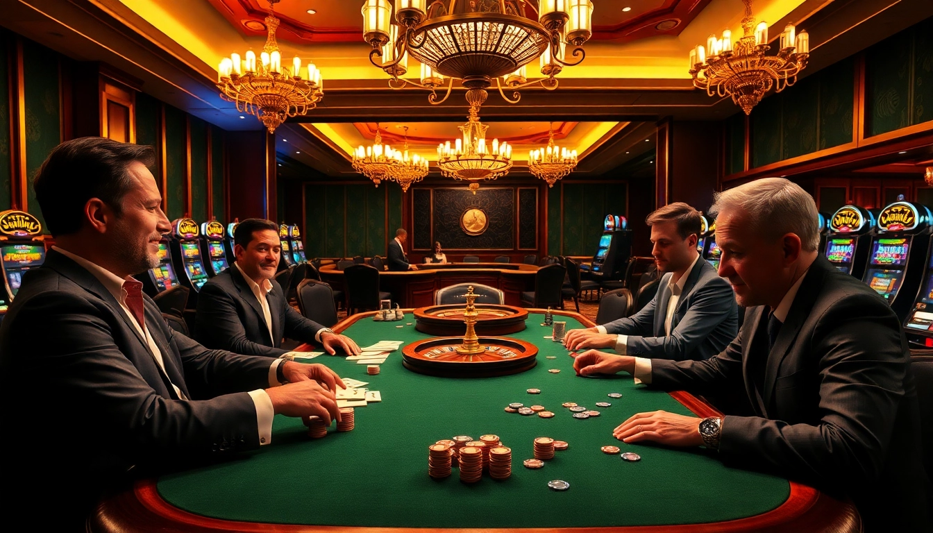 A vibrant casino scene at https://da88st.com/ showcasing lively poker players with chips and cards.