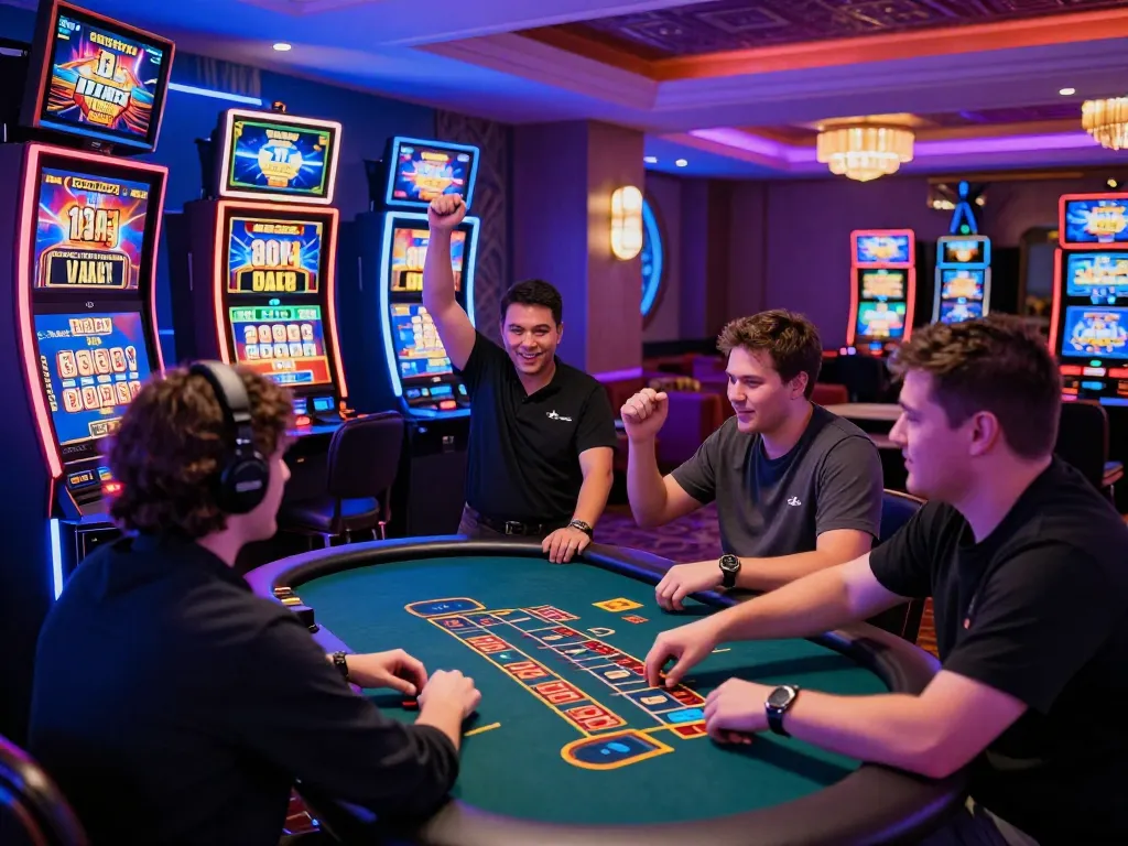 Dynamic players enjoying a thrilling gaming experience at 73H online casino, celebrating wins in a vibrant gaming lounge.