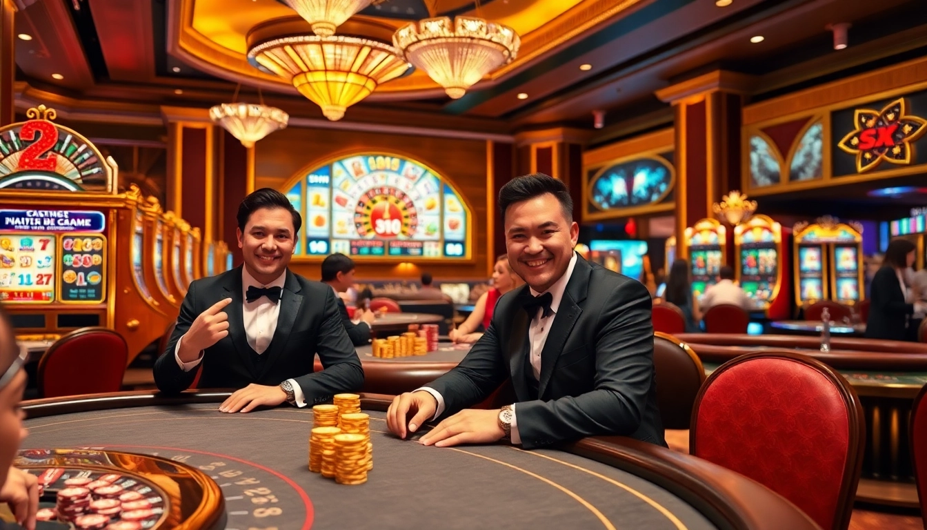 Kbbet players enjoying a thrilling casino experience at elegant tables with vibrant slot machines.