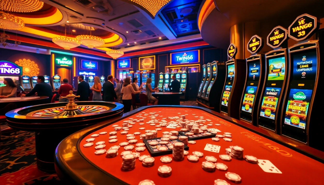 Twin68 gaming experience with vibrant casino tables, roulette wheel, and enthusiastic players.