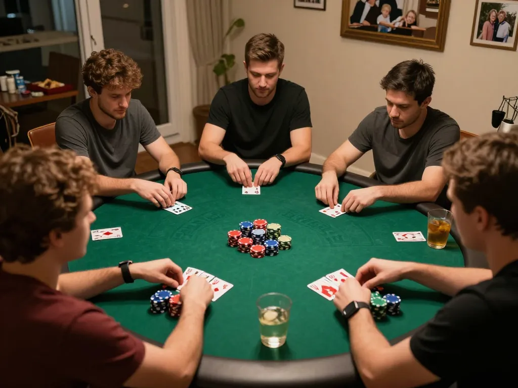 79KING poker game in a warm home setting with competitive players and colorful chips.