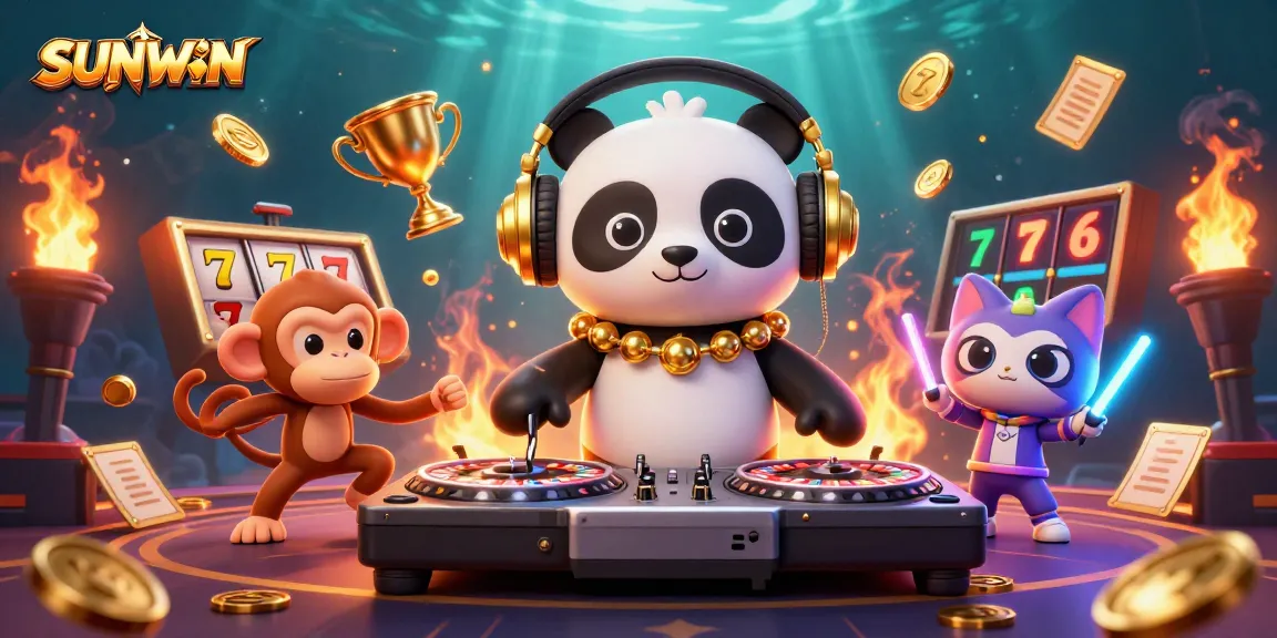 SUNWIN showcases a vibrant 3D scene with a DJ panda, dancing monkey, and glowing kitten against a lively casino backdrop.