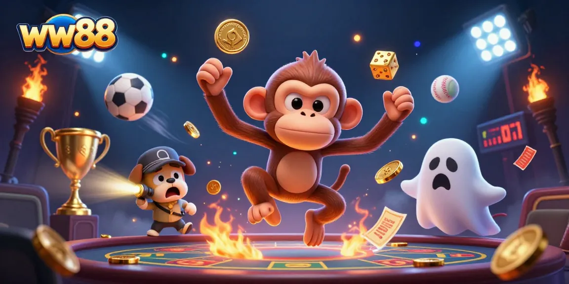 Experience thrilling gameplay at ww88 with a poltergeist monkey juggling golden coins in a haunted casino.