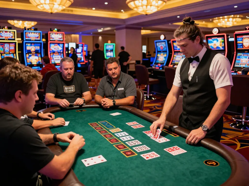 Engaged players focused on blackjack strategy at https://cak-t.com/, dealer in action, vibrant casino backdrop.